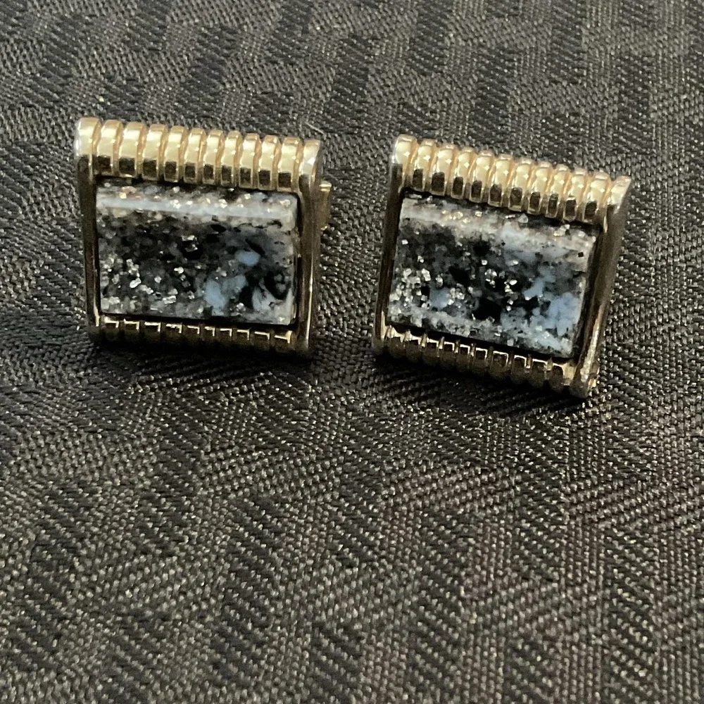 VINTAGE Gold Tone Cufflinks Mens Gray Stone Rectangular Whale Back Dress Shirt